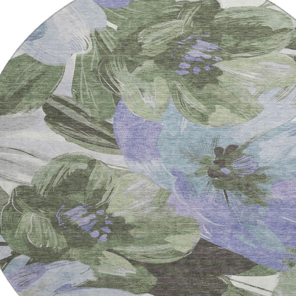 HomeRoots 8' Round Floral Area Rug in Olive Green, Ivory & Lavender - Washable, UV Protected, Non-Slip Design 693993