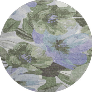 HomeRoots 8' Round Floral Area Rug in Olive Green, Ivory & Lavender - Washable, UV Protected, Non-Slip Design 693993