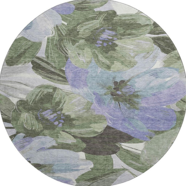 HomeRoots 8' Round Floral Area Rug in Olive Green, Ivory & Lavender - Washable, UV Protected, Non-Slip Design 693993