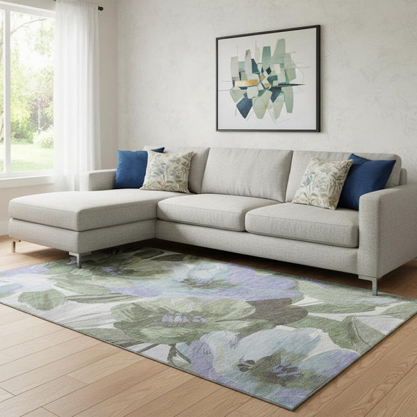 HomeRoots 8' Durable Floral Area Rug in Olive Green, Ivory & Lavender – Washable, Stain Resistant & UV Protected 693994