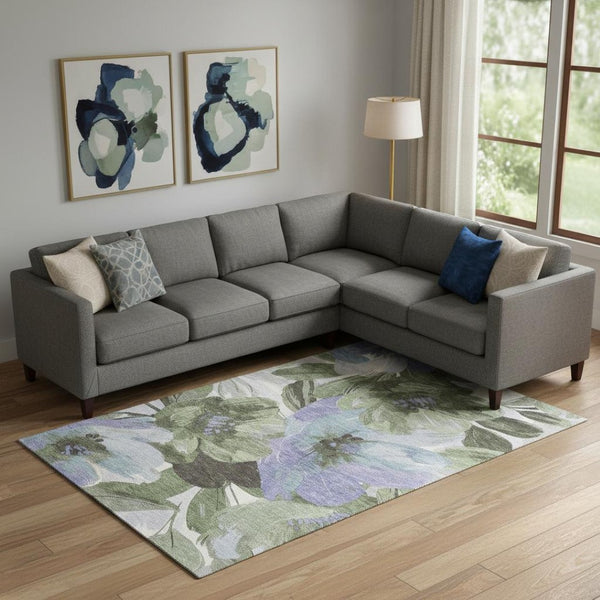 HomeRoots 9' X 12' Elegant Floral Area Rug in Olive Green, Ivory & Lavender - Washable, UV Protected & Durable 693995