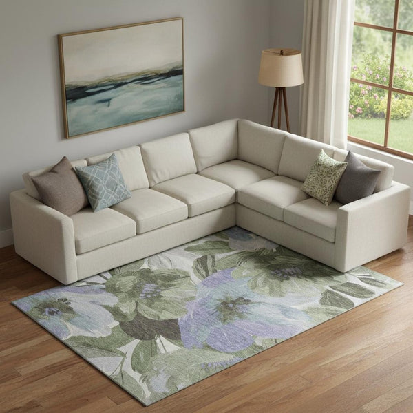 HomeRoots 10' X 14' Olive Green Floral Area Rug - Washable, UV Protected, Pet-Friendly for Stylish Living Spaces 693996