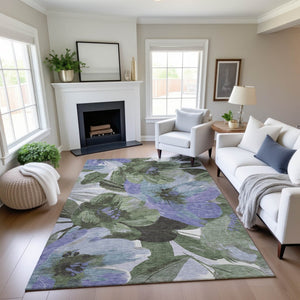 HomeRoots 10' X 14' Olive Green Floral Area Rug - Washable, UV Protected, Pet-Friendly for Stylish Living Spaces 693996