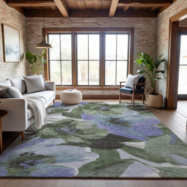 HomeRoots 10' X 14' Olive Green Floral Area Rug - Washable, UV Protected, Pet-Friendly for Stylish Living Spaces 693996