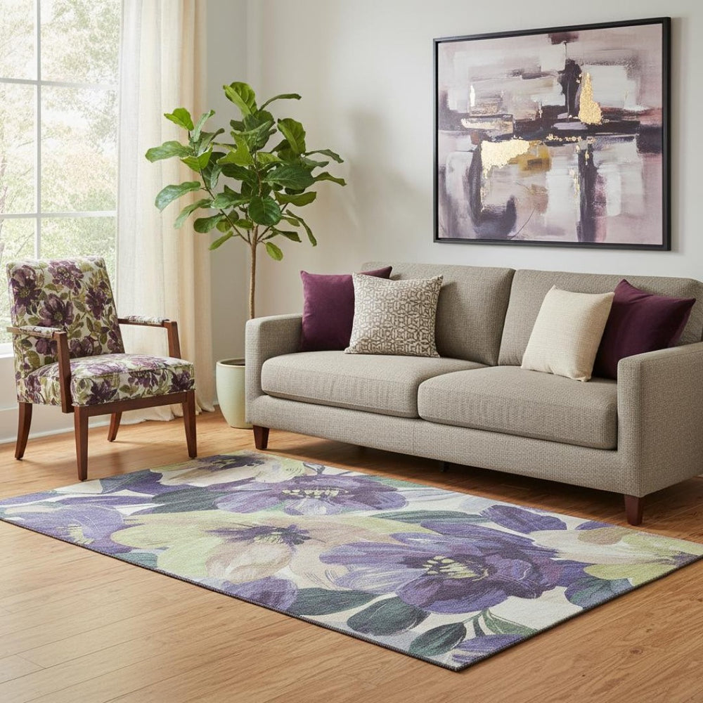 HomeRoots 5' X 8' Washable Floral Area Rug in Purple, Green & Ivory - UV Protected, Family-Friendly Design! 693998