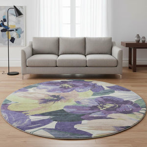 HomeRoots 8' X 8' Floral Round Rug in Purple, Green, Ivory - Washable, UV-Protected, Pet-Friendly Décor Piece 693999