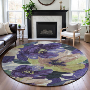 HomeRoots 8' X 8' Floral Round Rug in Purple, Green, Ivory - Washable, UV-Protected, Pet-Friendly Décor Piece 693999