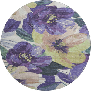 HomeRoots 8' X 8' Floral Round Rug in Purple, Green, Ivory - Washable, UV-Protected, Pet-Friendly Décor Piece 693999