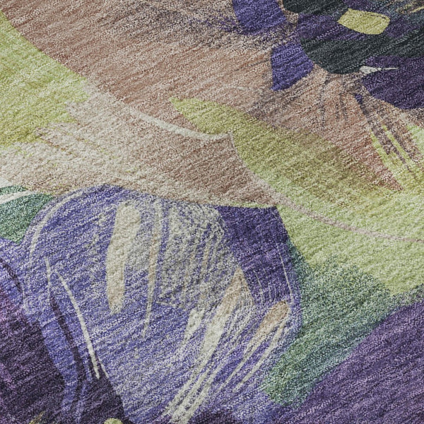 HomeRoots 8' X 8' Floral Round Rug in Purple, Green, Ivory - Washable, UV-Protected, Pet-Friendly Décor Piece 693999