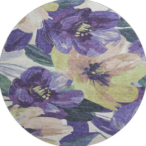 HomeRoots 8' X 8' Floral Round Rug in Purple, Green, Ivory - Washable, UV-Protected, Pet-Friendly Décor Piece 693999