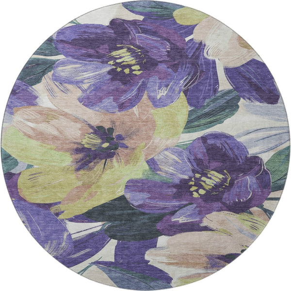 HomeRoots 8' X 8' Floral Round Rug in Purple, Green, Ivory - Washable, UV-Protected, Pet-Friendly Décor Piece 693999