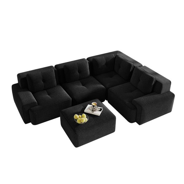 English Elm Modern Corduroy Sectional Sofa Deep Seat V Shape Tufted Couch with Movable Ottoman Black W714S01585