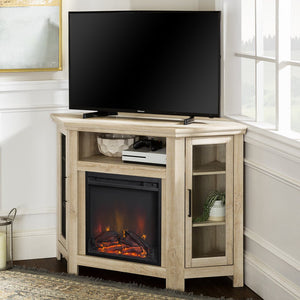 English Elm Walker Edison - Classic Glass-Door Fireplace TV Stand Corner Console with Electric Fireplace, Space-Saving MDF Design White Oak B185P169416