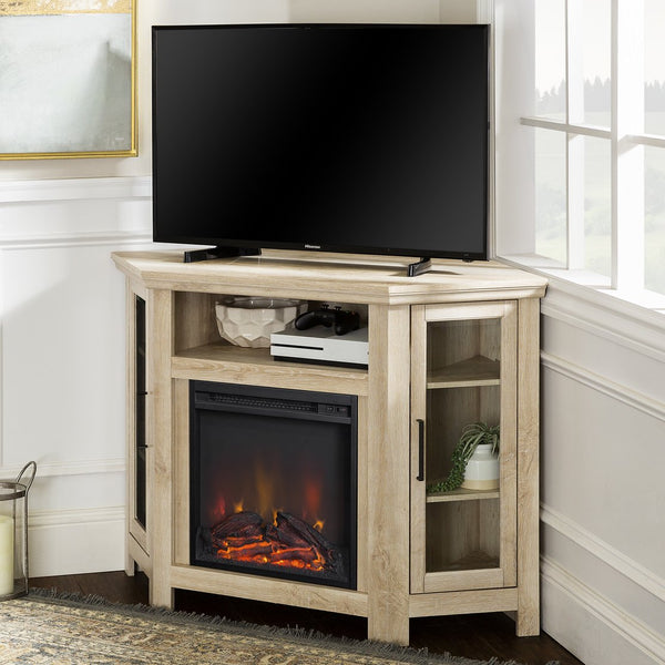 English Elm Walker Edison - Classic Glass-Door Fireplace TV Stand Corner Console with Electric Fireplace, Space-Saving MDF Design White Oak B185P169416