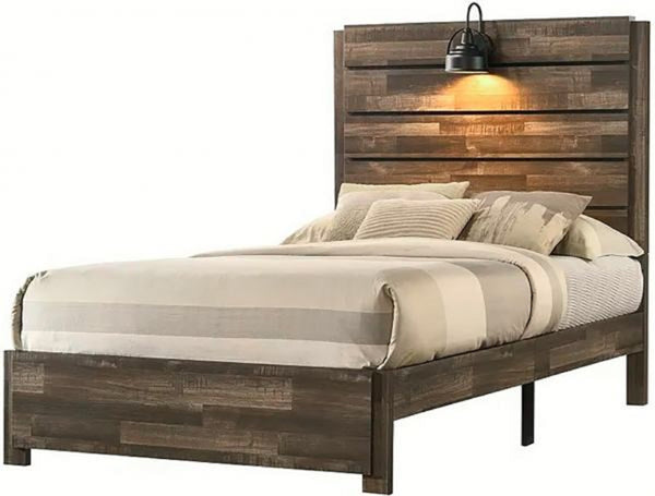 English Elm 1pc Rustic Style Butcher Block Finish Queen Size Bed with Weathered Finish, Detailed Trim, Sturdy Frame Brown 71.02 L x 38.31 W x 11.2 H B011P230853