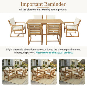 English Elm Outdoor Acacia Wood Dining Set Seats Six with Cushioned Armrest Chairs for Patio Teak+ Beige N719Z000231L