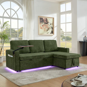 English Elm Modern Chenille Sofa Bed With Retractable Table, Led Lights, Usb Ports & Cup Holders – Green Comfort W1413S00097