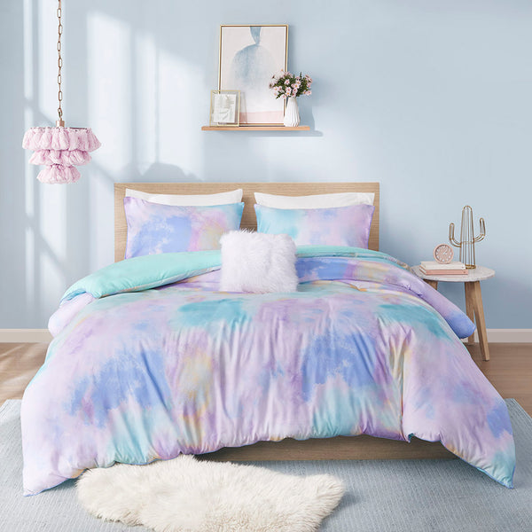 JLA Home Intelligent Design - Watercolor Cassiopeia Tie Dye Duvet Cover Set with OEKO‑TEX Antimicrobial Finish and Pillow Accents Aqua ID12-1989