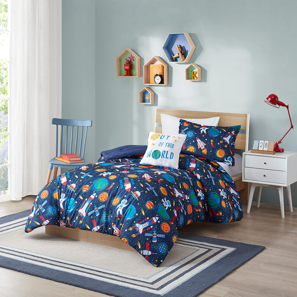JLA Home Mi Zone Kids - Outer Mi Zone Kids Space Comforter Set with Plush Fill, Antimicrobial Finish, Playful Spaceship Print 86 L x 66 W x 1H MZK10-214
