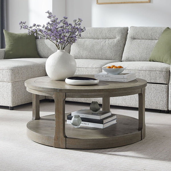 English Elm 40inch Two Tier Round Pine Wood Coffee Table with Wheels Rustic Vintage Living Room W2582P308198