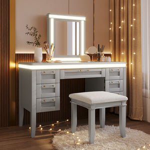 English Elm 48" Makeup Vanity Desk with Led Mirror Bamboo Weave Drawers Cushioned Stool Bedroom Grayish Blue N704P337484E