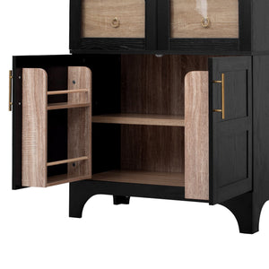 English Elm K&K Arched 71" Kitchen Pantry Cabinet with Glass Doors, Brass Handles, Adjustable Shelves & Drawer Black N707P288969B