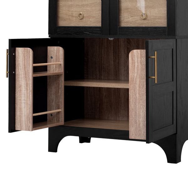 English Elm K&K Arched 71" Kitchen Pantry Cabinet with Glass Doors, Brass Handles, Adjustable Shelves & Drawer Black N707P288969B