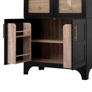 English Elm K&k Arched Farmhouse Pantry Cabinet Glass Doors Hidden Drawer Two Tone Kitchen Storage Black N707S288969B