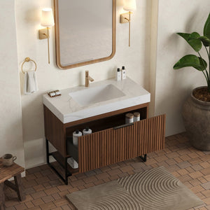 English Elm YOLAN 36" Bathroom Vanity with Integrated Solid Surface Basin, Pre-Assembled Plywood Cabinet, Soft-Close Drawer and Open Towel Shelf Black,Carrara White,Dark Walnut,White W2615S00375