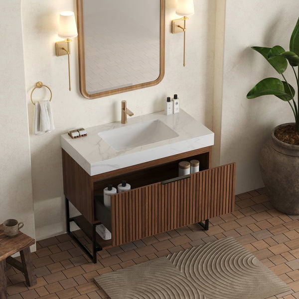 English Elm YOLAN 36" Bathroom Vanity with Integrated Solid Surface Basin, Pre-Assembled Plywood Cabinet, Soft-Close Drawer and Open Towel Shelf Black,Carrara White,Dark Walnut,White W2615S00375