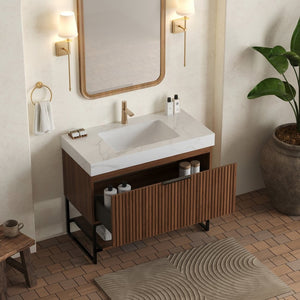 English Elm Dina Floating Bathroom Vanity Sintered Stone Top Glass Basin Striped Plywood Cabinet W2615S00370