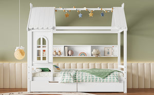 English Elm Twin House Platform Bed with Drawers & Shelves, Solid Wood Playhouse Frame for Kids, Cozy Design Light White W1580S00265