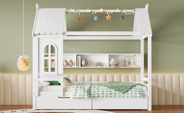 English Elm Twin House Platform Bed with Drawers & Shelves, Solid Wood Playhouse Frame for Kids, Cozy Design Light White W1580S00265