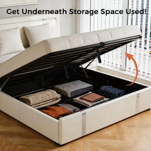English Elm Queen Platform Bed Wingback Diamond Quilted Headboard Led Lighting Storage Drawers White W5722P462694