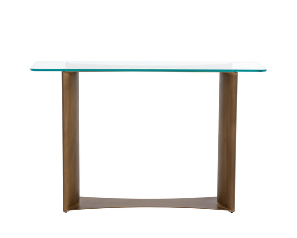 Sunpan Denver Console Table - Modern Glass Top with Antique Brass Base, Handcrafted Elegance for Home Decor