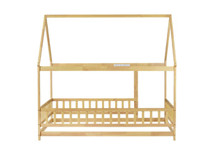 English Elm Twin House Shaped Floor Bed Solid Rubberwood Frame with Guardrails for Kids W504P370560