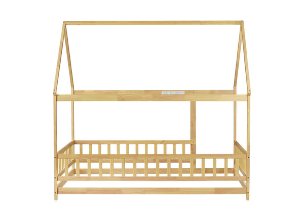 English Elm Twin House Shaped Floor Bed Solid Rubberwood Frame with Guardrails for Kids W504P370560
