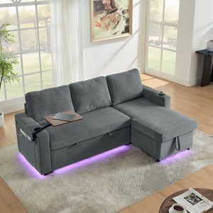 English Elm Modern Chenille Pull-Out Bed Sofa With Table, Led Lights, Usb Ports & Cup Holders - Gray Cozy Comfort W1413S00096