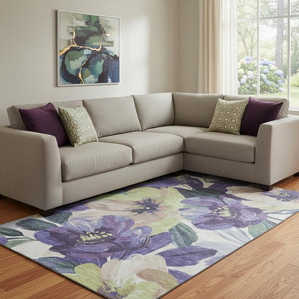 HomeRoots 8' Floral Area Rug in Purple, Green & Ivory - Washable, UV Protected, Stain Resistant, Durable Design 694000