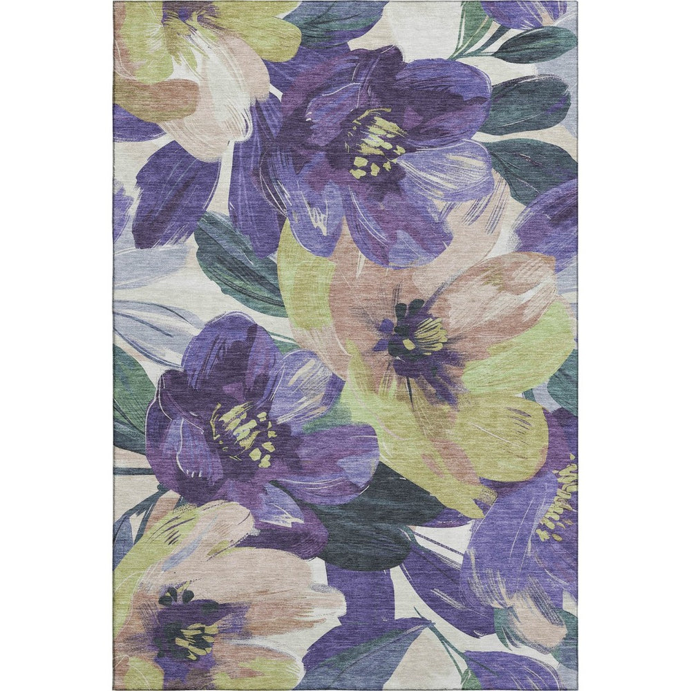 HomeRoots 8' Floral Area Rug in Purple, Green & Ivory - Washable, UV Protected, Stain Resistant, Durable Design 694000