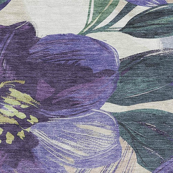 HomeRoots 8' Floral Area Rug in Purple, Green & Ivory - Washable, UV Protected, Stain Resistant, Durable Design 694000