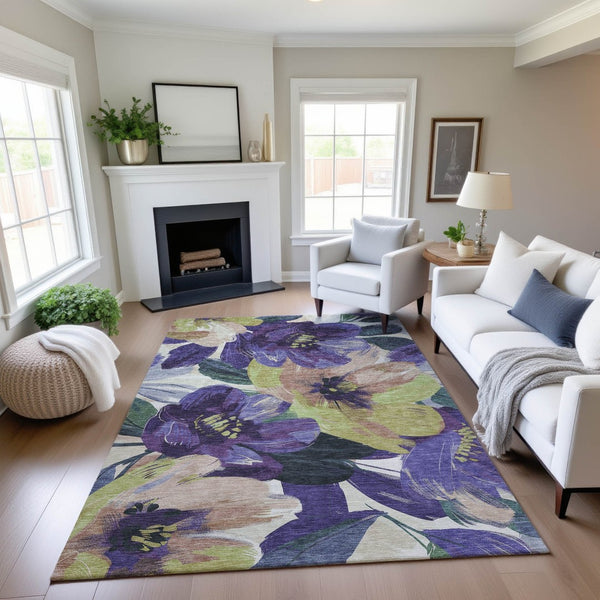 HomeRoots 10' Washable Floral Area Rug in Purple, Green, and Ivory - UV Protected, Non-Slip, Durable Design 694002