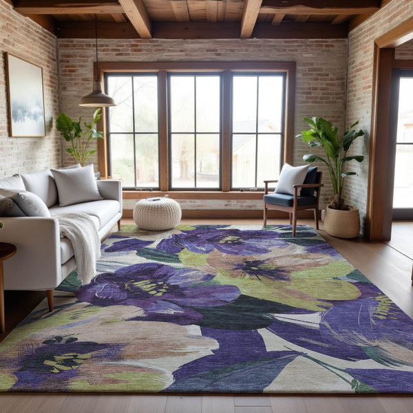 HomeRoots 10' Washable Floral Area Rug in Purple, Green, and Ivory - UV Protected, Non-Slip, Durable Design 694002