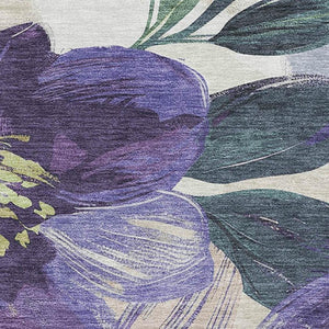 HomeRoots 10' Washable Floral Area Rug in Purple, Green, and Ivory - UV Protected, Non-Slip, Durable Design 694002