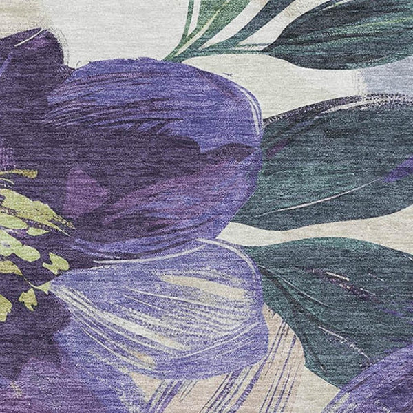 HomeRoots 10' Washable Floral Area Rug in Purple, Green, and Ivory - UV Protected, Non-Slip, Durable Design 694002