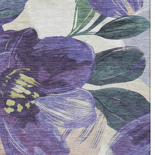 HomeRoots 10' Washable Floral Area Rug in Purple, Green, and Ivory - UV Protected, Non-Slip, Durable Design 694002