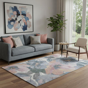 HomeRoots 5' X 8' Floral Area Rug in Pewter, Salmon & Gray - Washable, UV Protected, Ideal for Families & Pets 694004