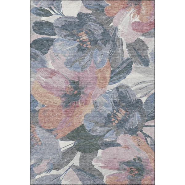 HomeRoots 5' X 8' Floral Area Rug in Pewter, Salmon & Gray - Washable, UV Protected, Ideal for Families & Pets 694004