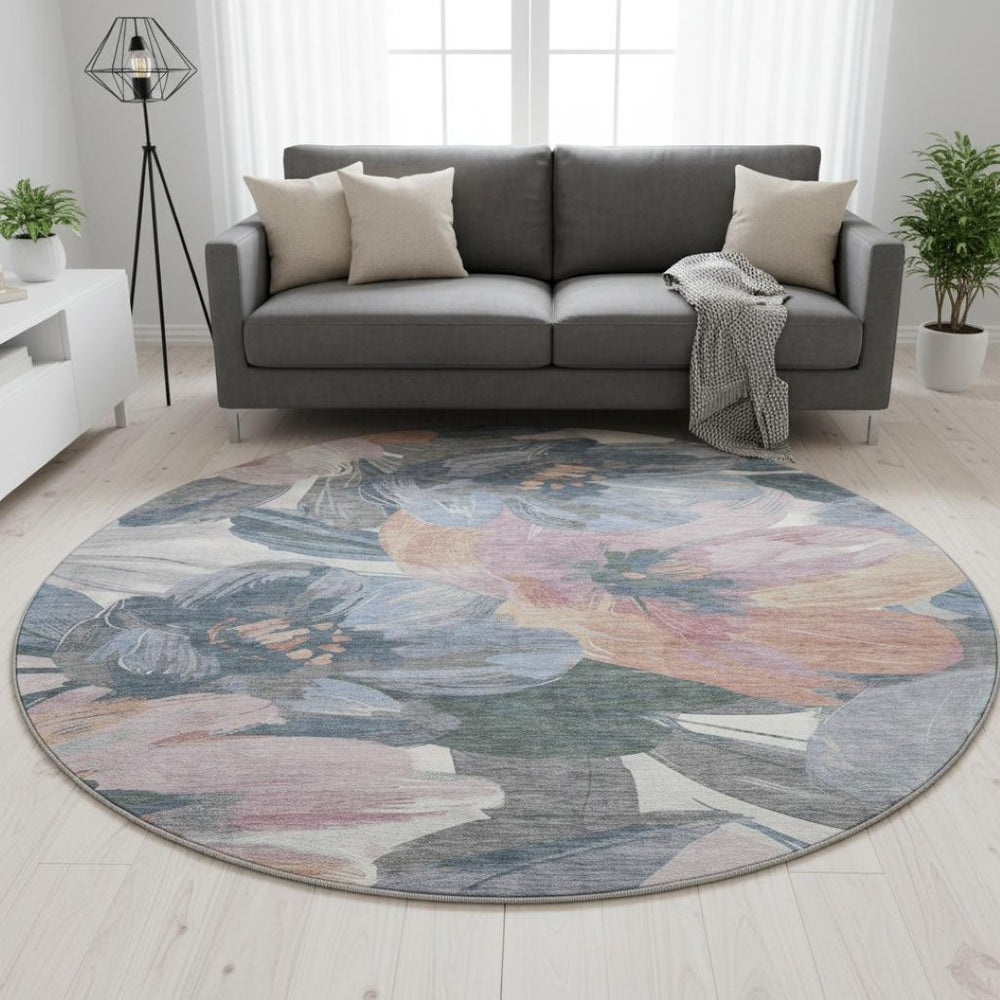HomeRoots 8' X 8' Washable Round Rug with UV Protection - Stylish Pewter, Salmon & Gray Floral Design for Any Room 694005