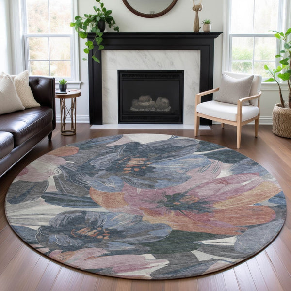 HomeRoots 8' X 8' Washable Round Rug with UV Protection - Stylish Pewter, Salmon & Gray Floral Design for Any Room 694005